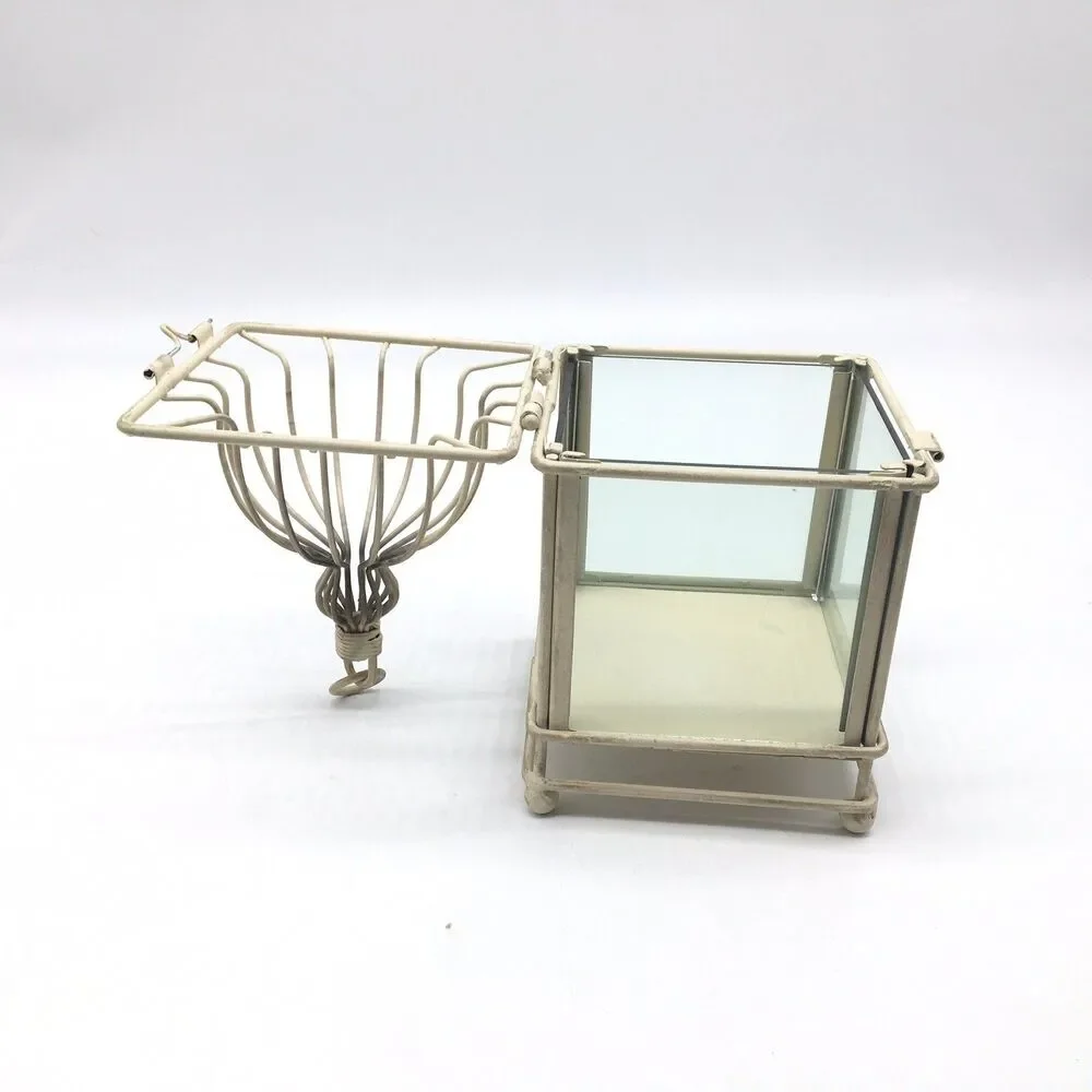 Creamy White Metal Glass Lantern Farmhouse Shabby Chic Candle Holders Terrarium